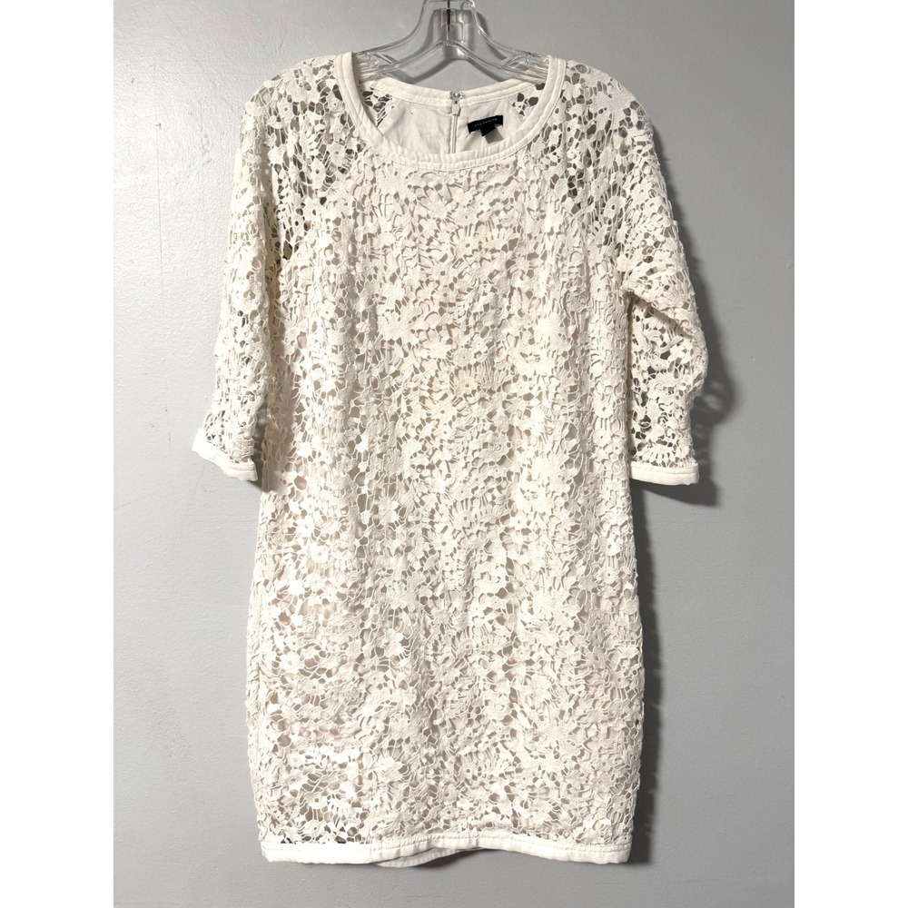 Ann Taylor Ivory White Floral Cotton Lace Shift Dress 3/4 Sleeve Size 4